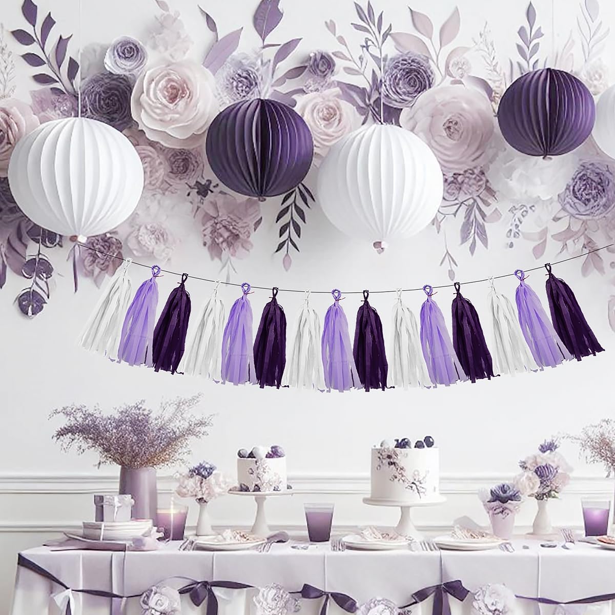 White Purple Party Decorations - 15Pcs Tissue Paper Tassel Garland Birthday Decorations Valentines