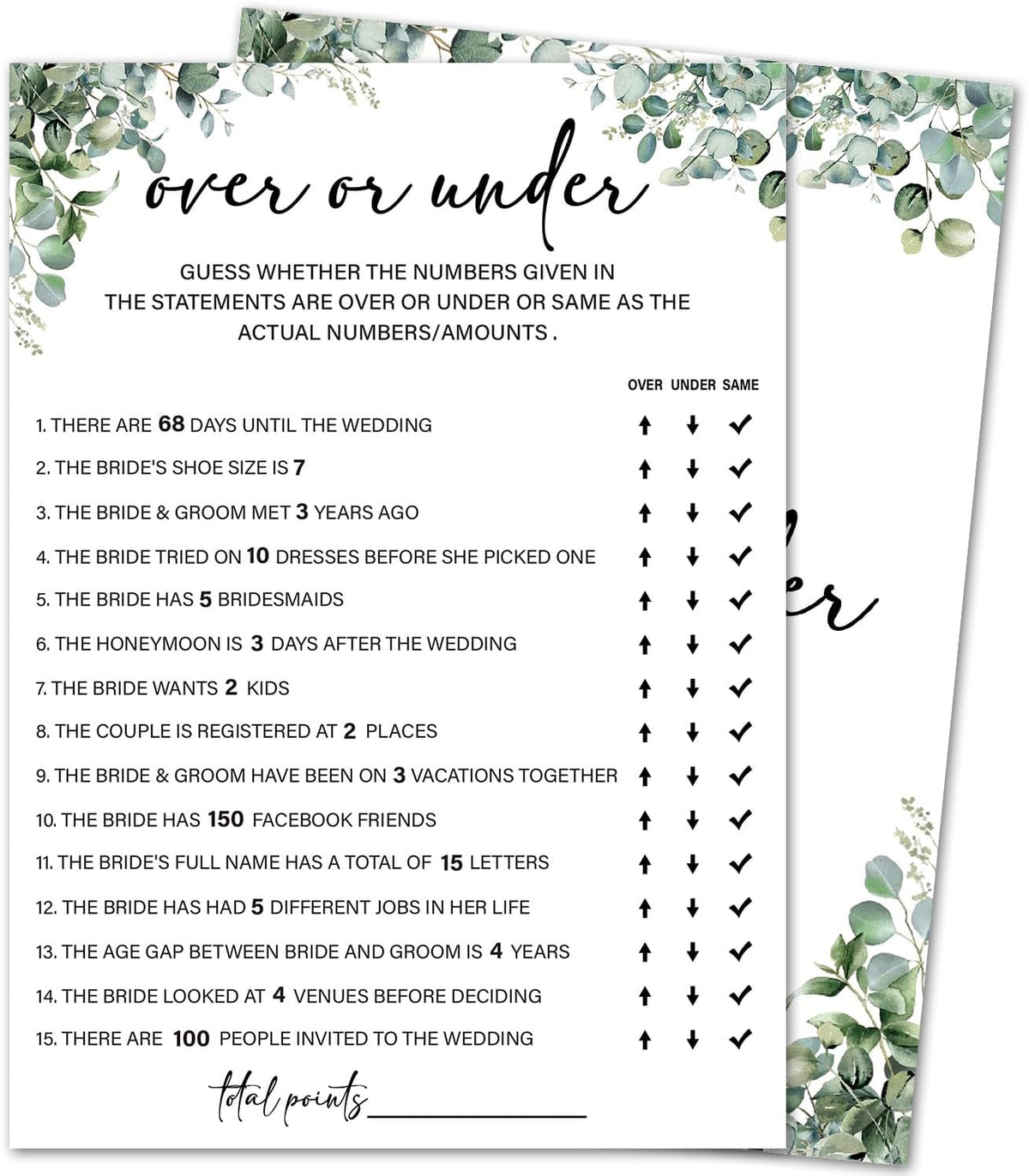 Eucalyptus Bridal Shower Game Cards - Over or Under, Wedding Engagement Bachelorette Party Bridal