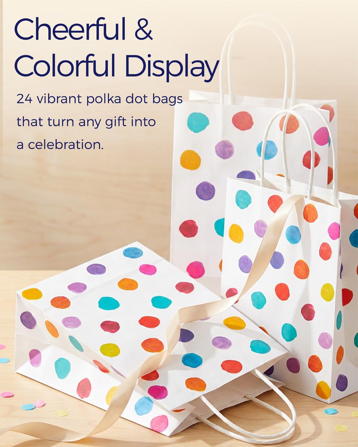 SUNCOLOR 24 Pack Small Paper Gift Bags, Colorful Polka Dot Design, 8.7 x 6.3 x 3.15 Inch, with