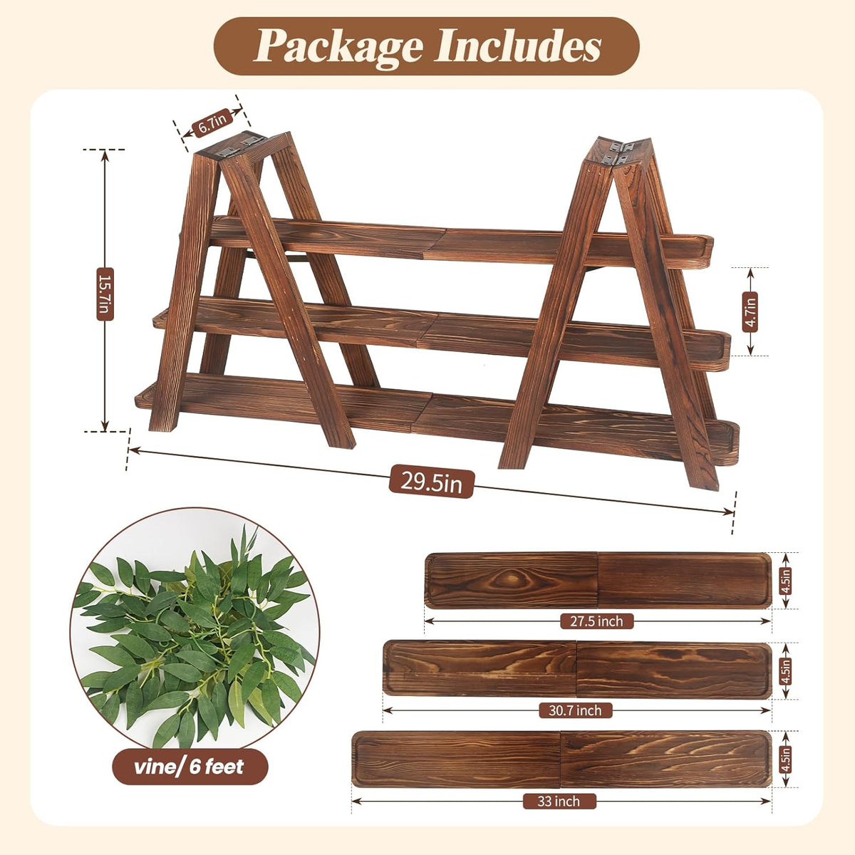 Wooden 3-Tier Cupcake Stand with Removable Trays & Vine Decoration – Foldable Party Display Serving