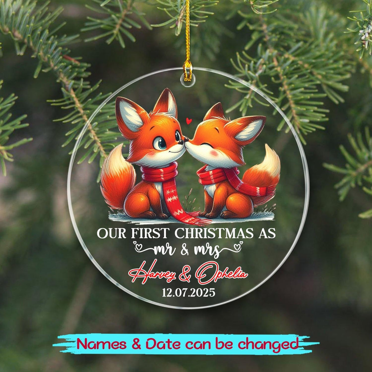 Personalized Our First Christmas As Mr & Mrs Ornament, Custom Date/Name Mr & Mrs Fox Married Xmas