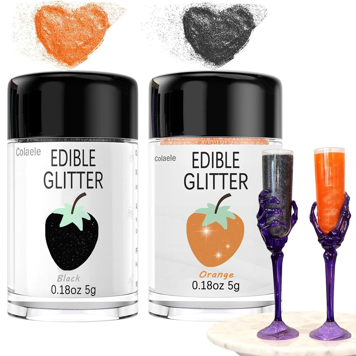 Orange Edible Glitter Black Glimmer Powder for Halloween Cakes Drinks, Colaele Edible Glitter Set