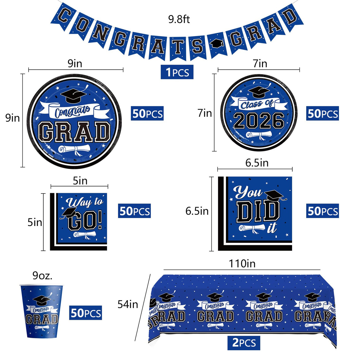 DAZONGE Graduation Decorations 2026 Blue, 265pcs Graduation Party Decorations 2026, Disposable