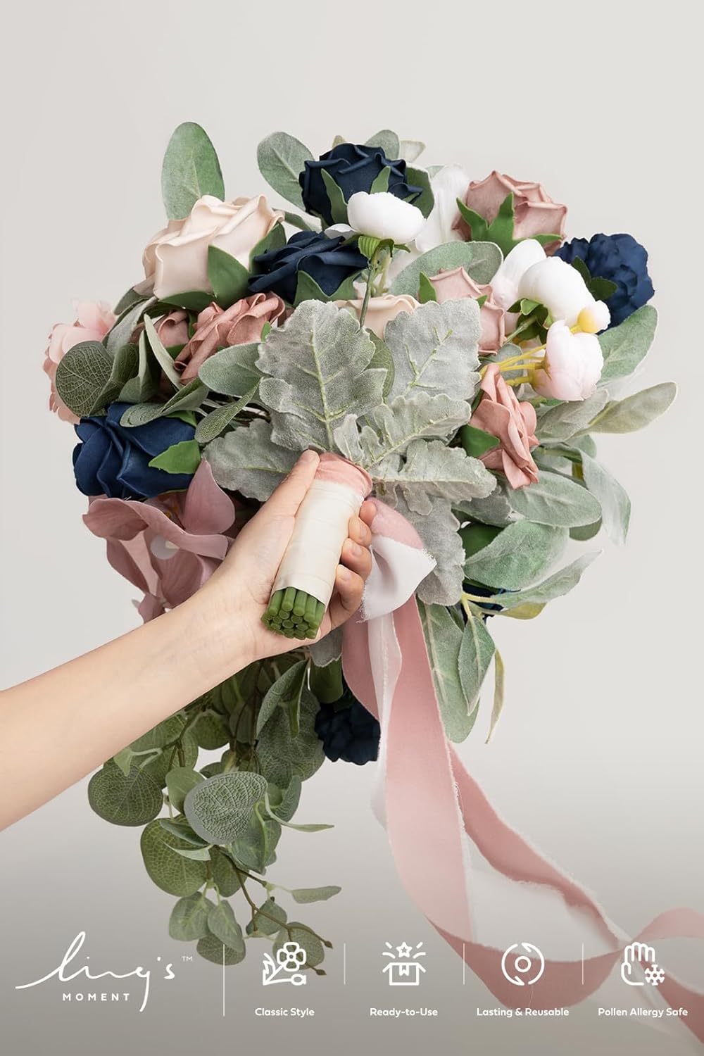 Ling's moment Dusty Rose Navy Blue Bridal Bouquet Cascading, Pink and Blue Wedding Bouquets for