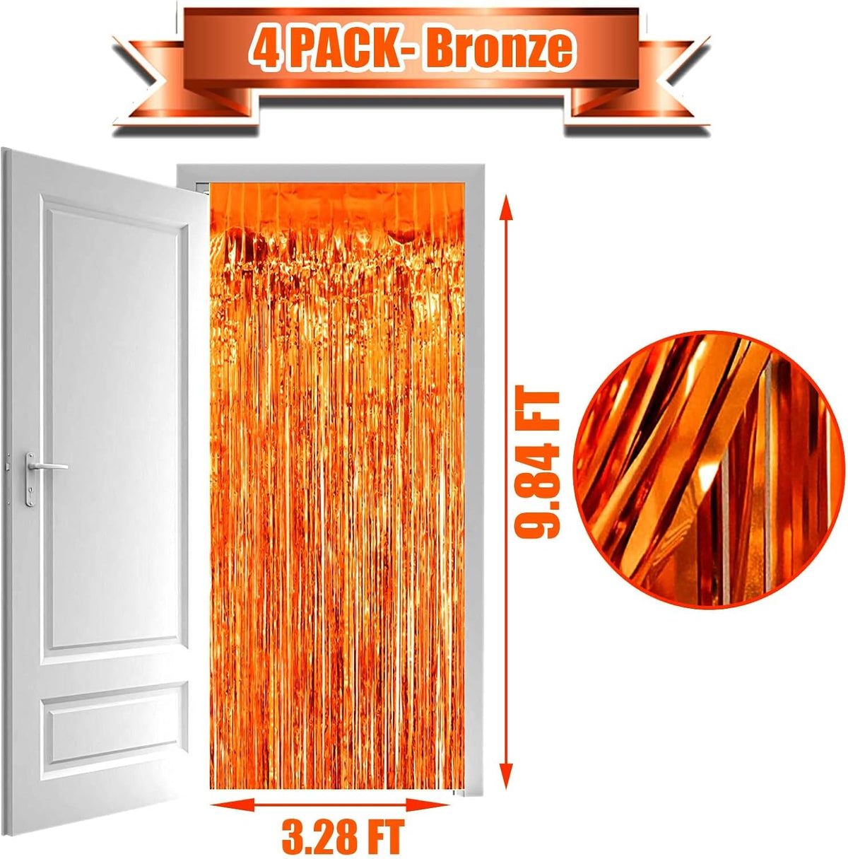 4 Pack Orange Foil Fringe Curtain Backdrop, 3.28Ft x 9.84Ft Metallic Tinsel Foil Fringe Streamers