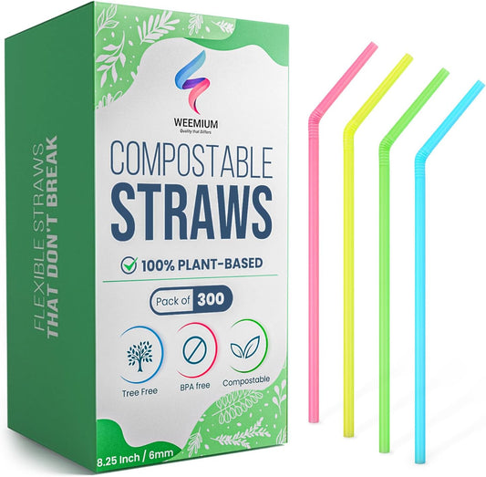 Weemium Compostable Straws Disposable 300 Pack | 100% Plant-Based Plastic-free, Disposable and