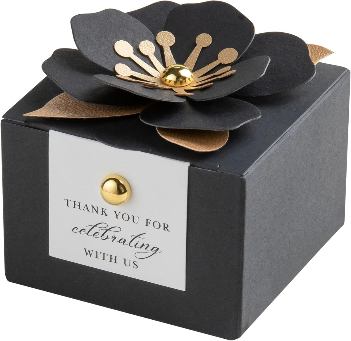 FEIYI 20 PCS Candy Boxes, 3 In 1 Black Favor Boxes with Floral Decor, White Thank You Tags Gift