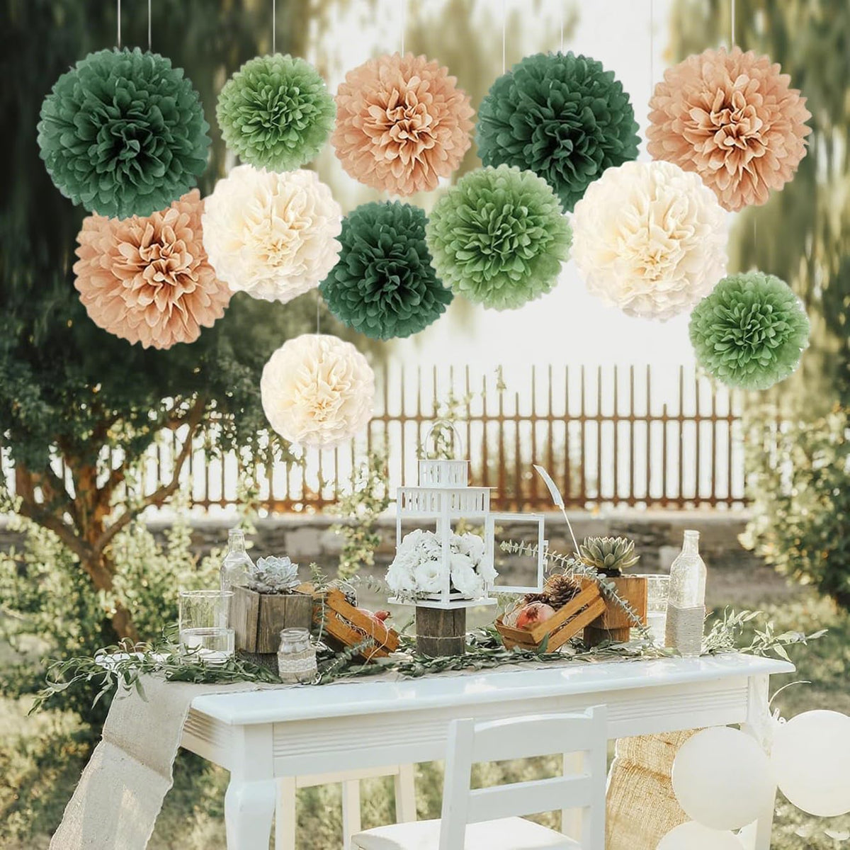 Capesaro Olive Sage Green 12PCS Paper Pom Poms Party Decorations for Natural Green Boho Safari