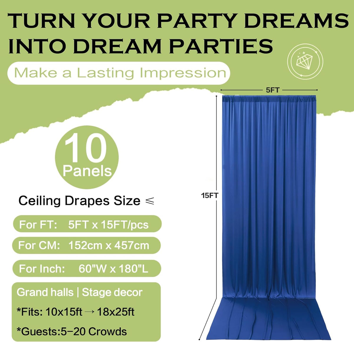 PartyVillage 50ft×15ft Royal Blue Backdrop Curtain for Wedding Parties, 10 Panels Wrinkle Free 15