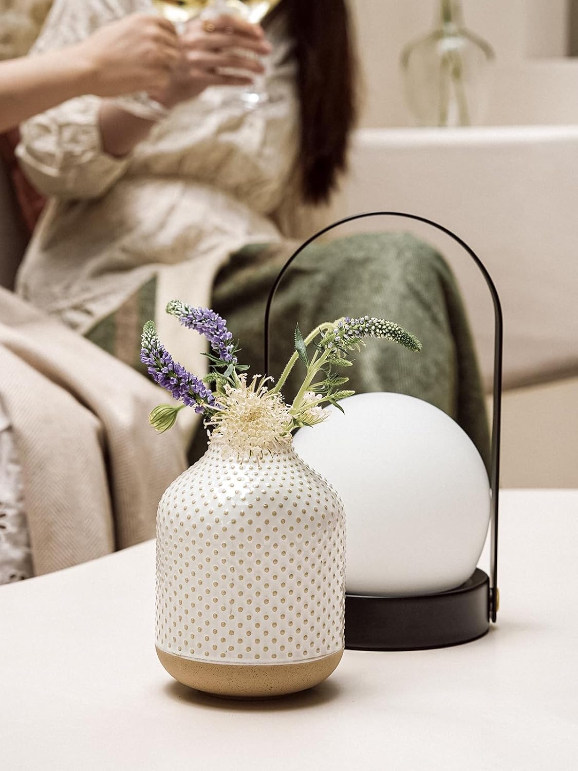 Boho Flower Vase - 5.3 Inch Ceramic White Vase for Pampas Grass, Eucalyptus & Bouquets, Small Home
