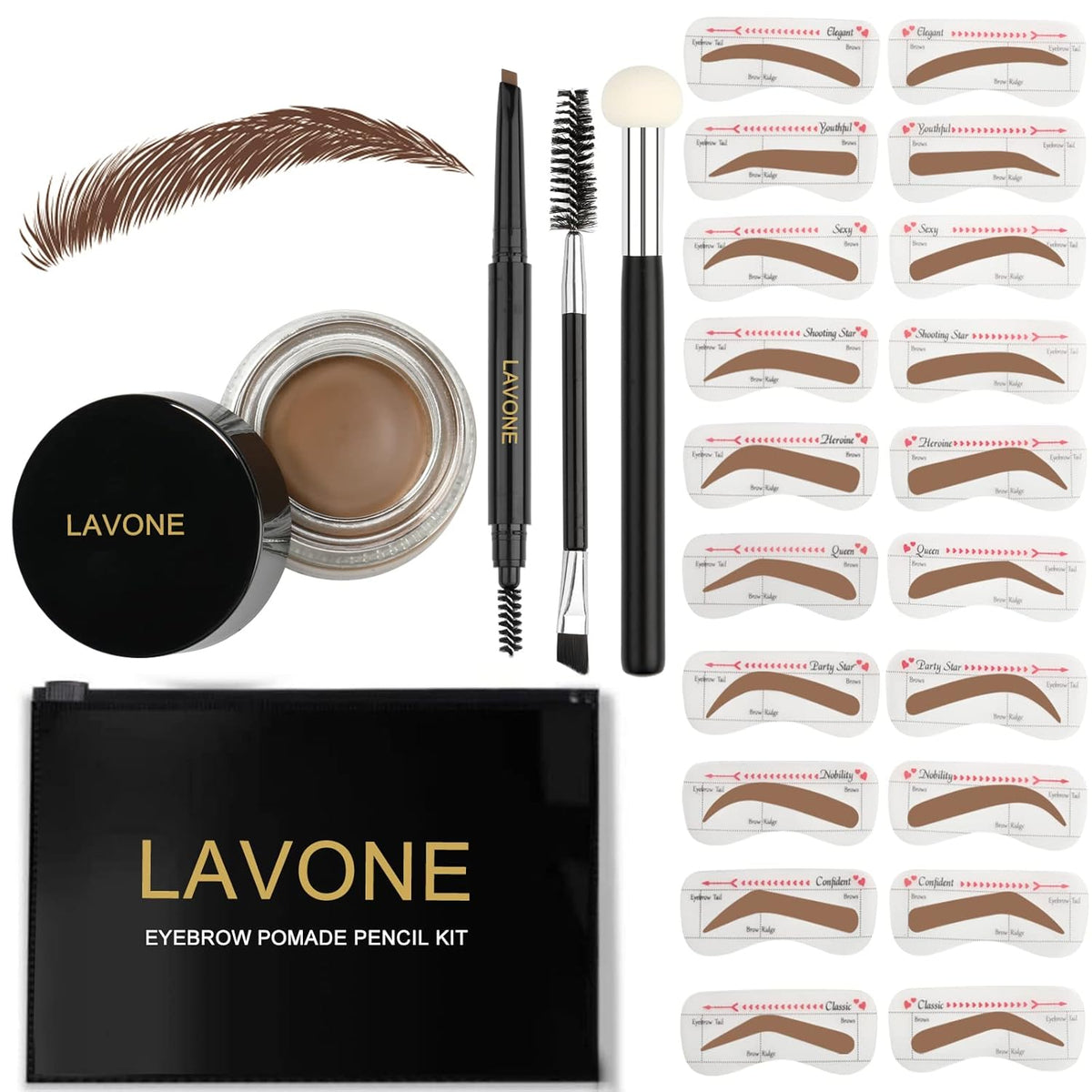 LAVONE Eyebrow Stamp Stencil Kit, Brow Stamp Trio Kit with Waterproof Eyebrow Pencil, Pomade, 20