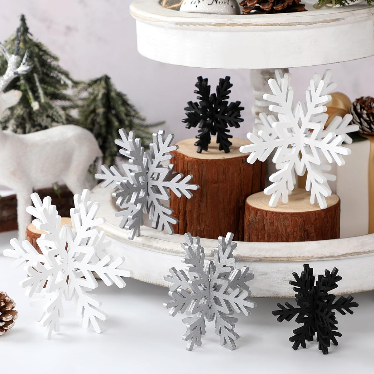 Bucherry 12 Pcs Wooden Snowflake Table Decor 3D Snowflake Tabletop Signs and Centerpiece for