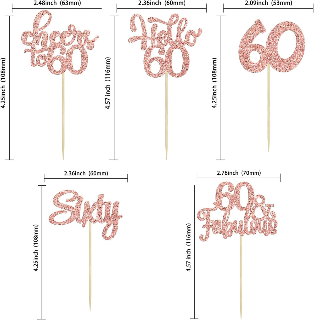 30Pcs Happy 60th Birthday Cupcake Toppers Rose Gold Glitter Sixty Cake Toppers Cheers to 60 Years