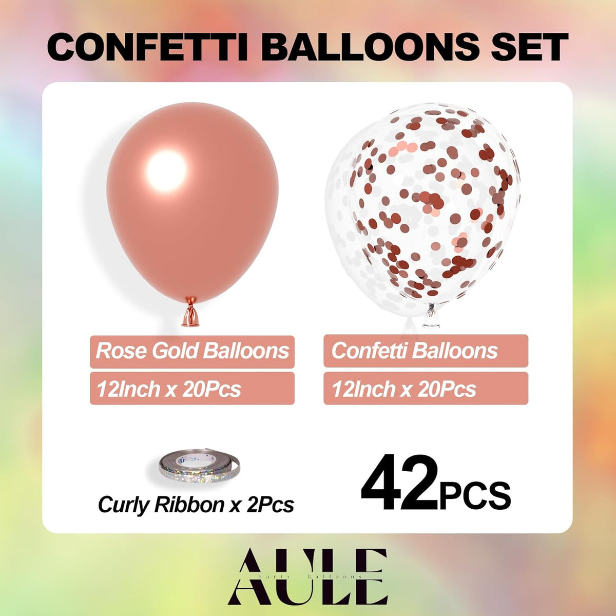 AULE Party Balloons Pack of 42 - Metallic Chrome Rose Gold Balloons and Rose Gold Confetti Latex
