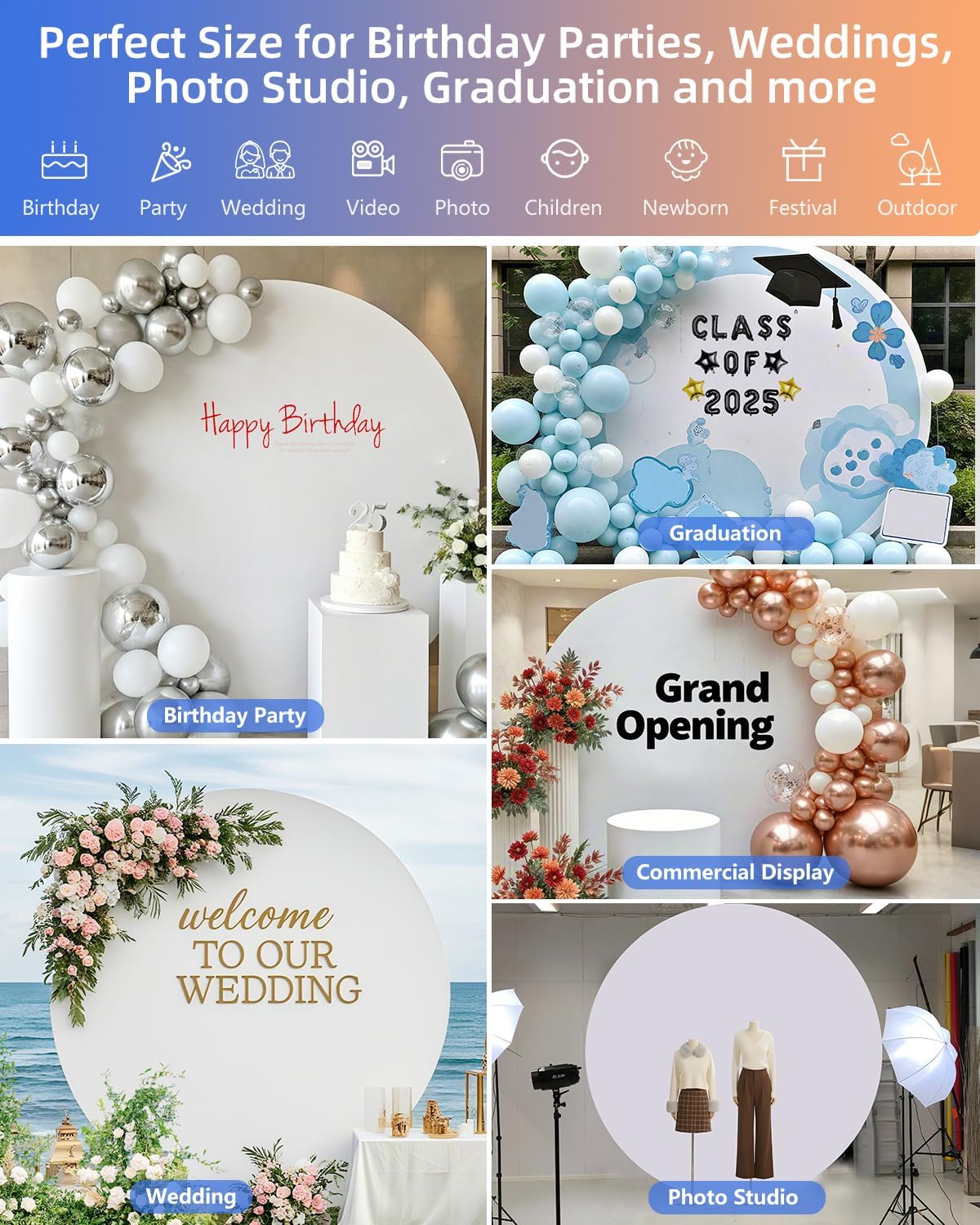HEMMOTOP 7.2x7.2 ft Round Backdrop Cover White, Circle Arch Stand Cover for Wedding, Balloon Arched