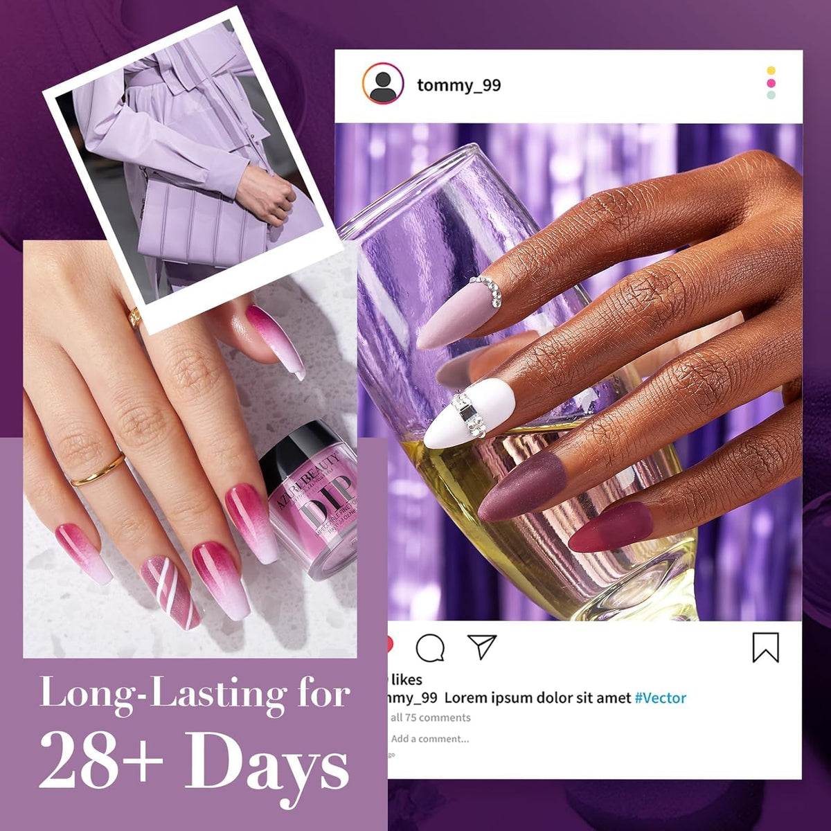AZUREBEAUTY Dip Powder Nail Kit Dark Purple Lilac Purple Glitter 4 Colors Dip Liquid Set with