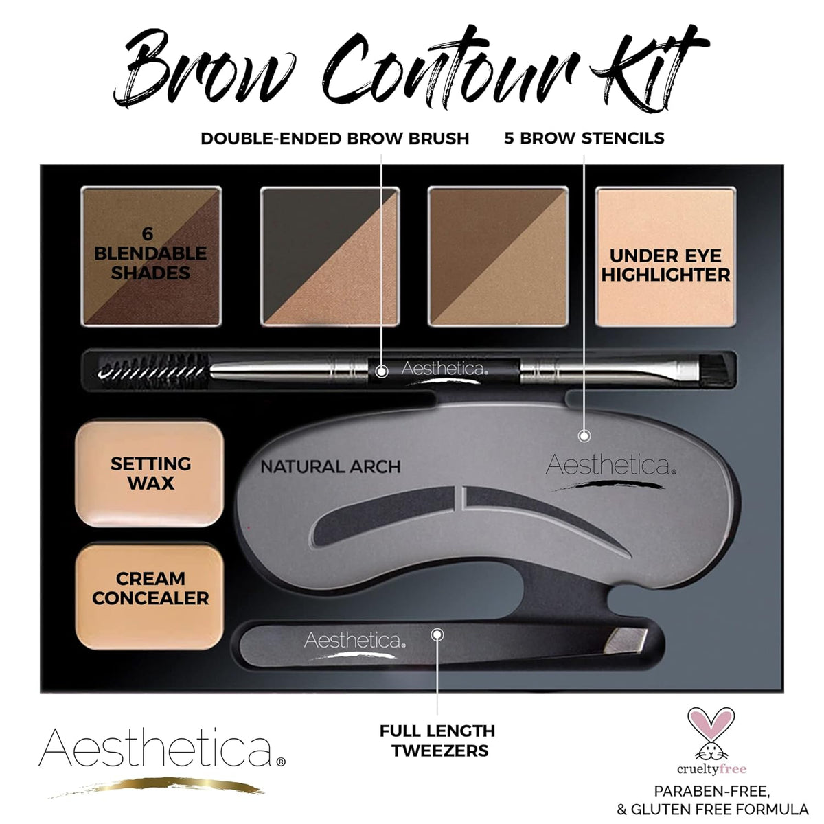 Aesthetica Brow Contour Kit 16-Piece Eyebrow Makeup Palette Set 6 Eyebrow Powders, 5 Eyebrow