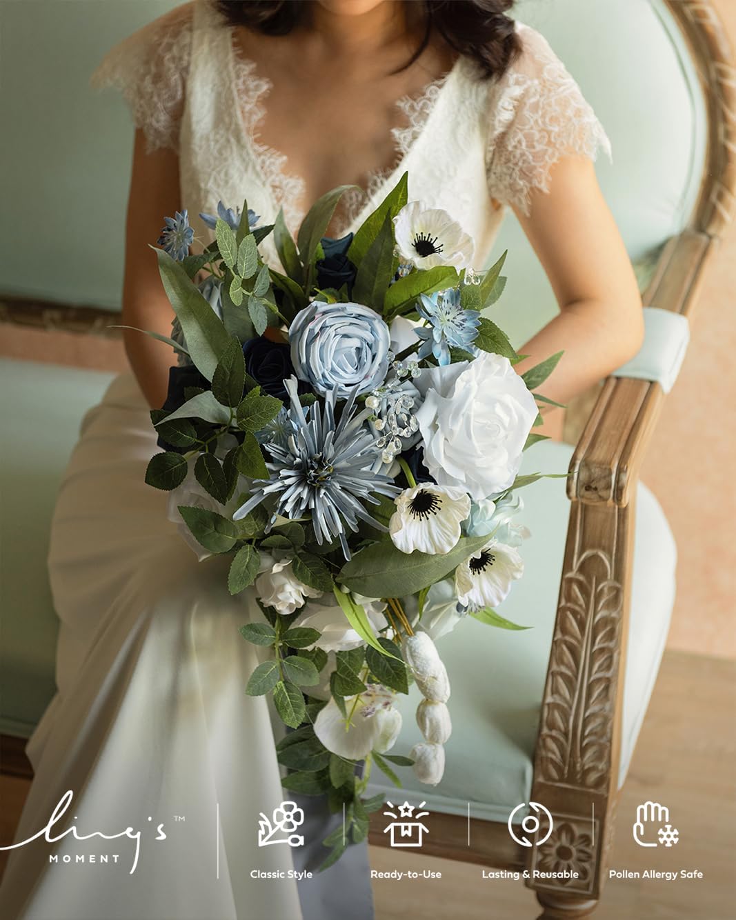 Ling's moment Dusty Blue Bridal Bouquet Cascading, Wedding Bouquets for Bride, 15 Inch Bride