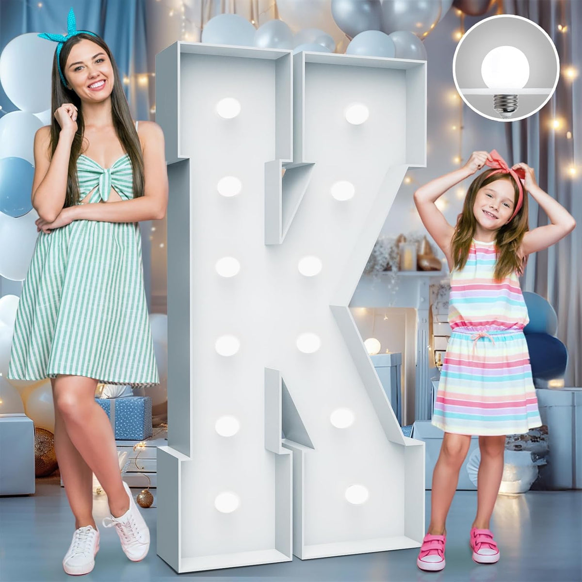4FT Marquee Light Up Letters - Cool White Light Up Letters K with Fixed Water Bag, Party Decoration