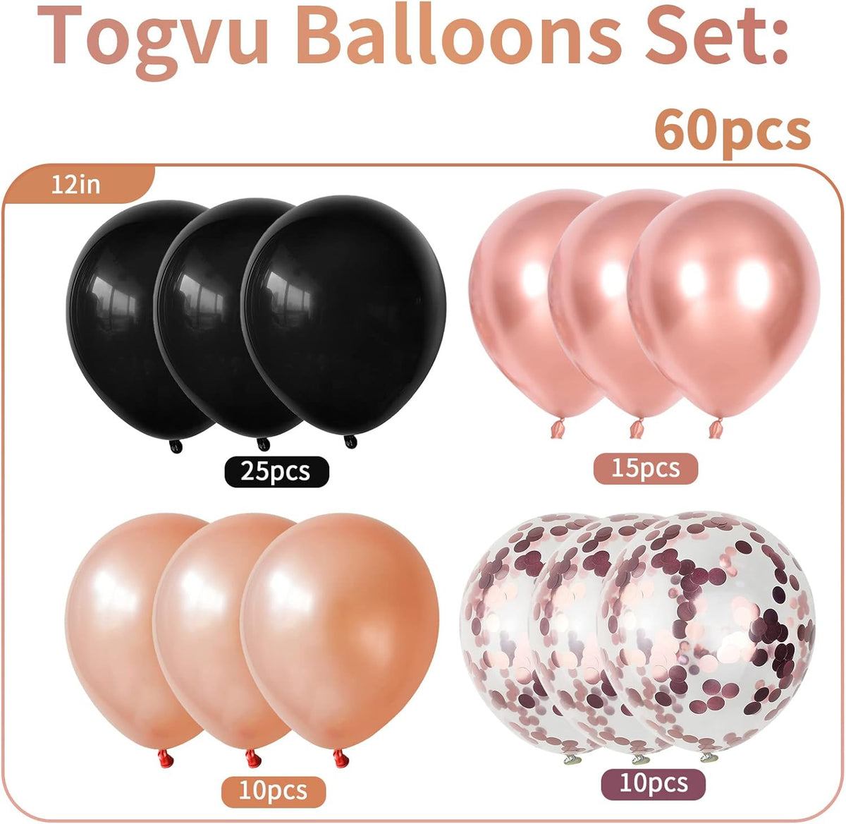 Metallic Rose Gold & Black Pearl Balloons - 60 Pcs Matte Latex Confetti Balloons for Women, Girls
