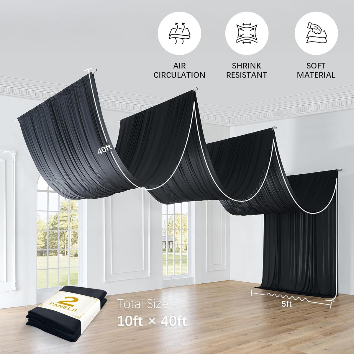PartyVillage 10ftx40ft Black Ceiling Curtain for Halloween Parties – 2 Panels Wrinkle-Free 40 FT