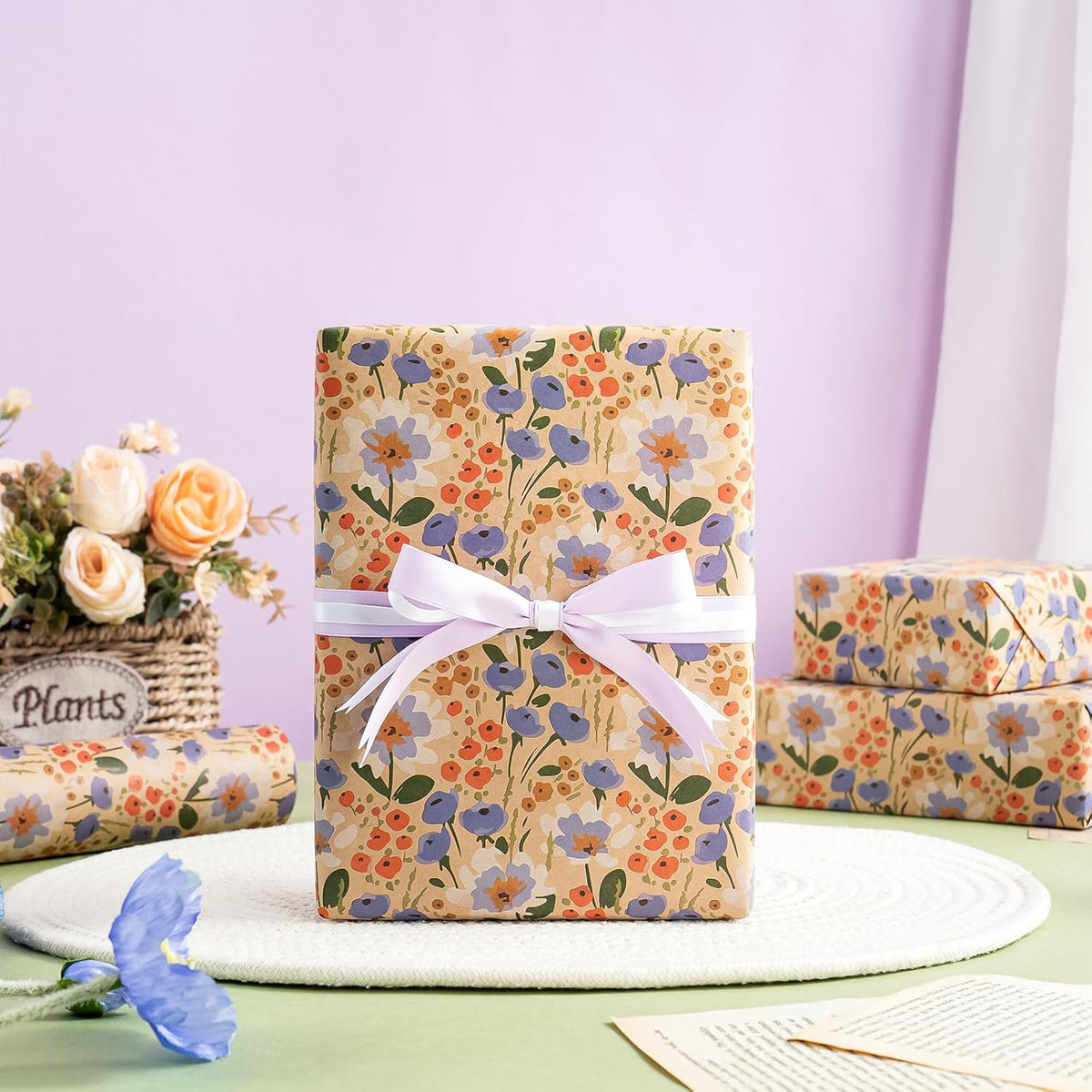 WRAPAHOLIC Kraft Floral Wrapping Paper Roll - Mini Roll - 17 Inch x 9.8 Feet - Watercolor Flower