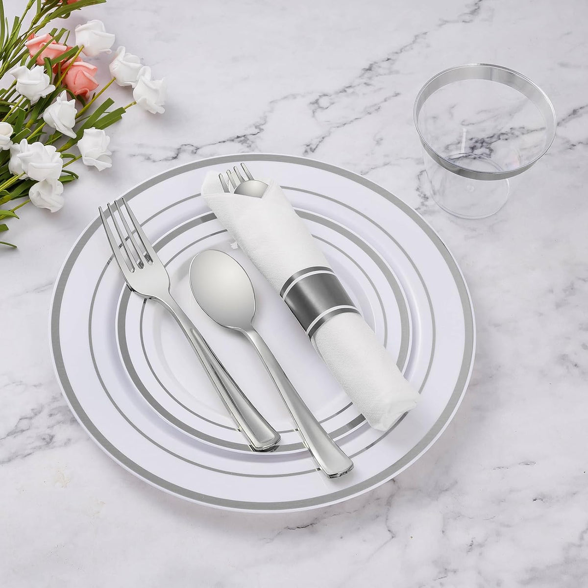 Goodluck 350 Piece Silver Plastic Dinnerware Set for 50 Guests, Fancy Disposable Plates for Party