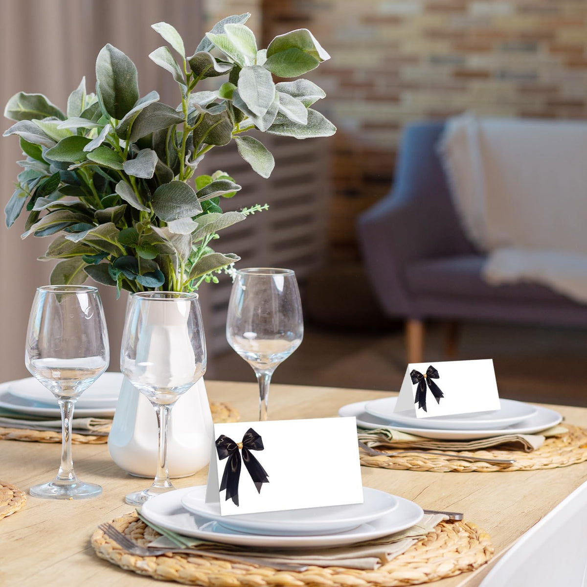25 Pack Black Bow Place Cards, Editable Name Cards for Table Setting, Tent Cards Food Label for