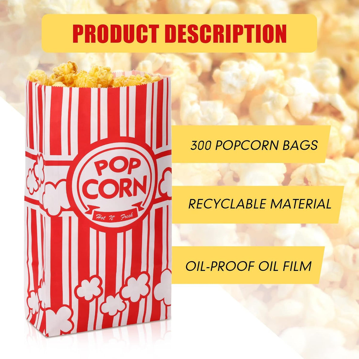 300 Pcs Paper Popcorn Bags Bulk 2 oz Large Flat Bottom Boxes Red and White Disposable Container
