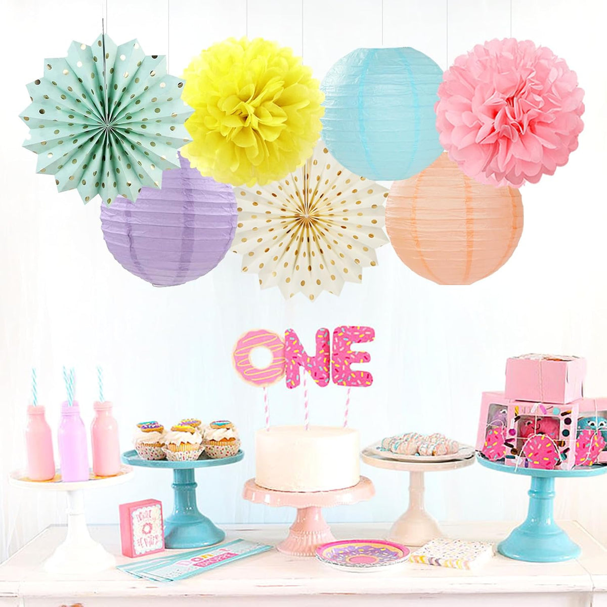 Pastel Rainbow Party-Decorations - 20pcs Pink Yellow Blue Classroom Ceiling Paper Lanterns Fans