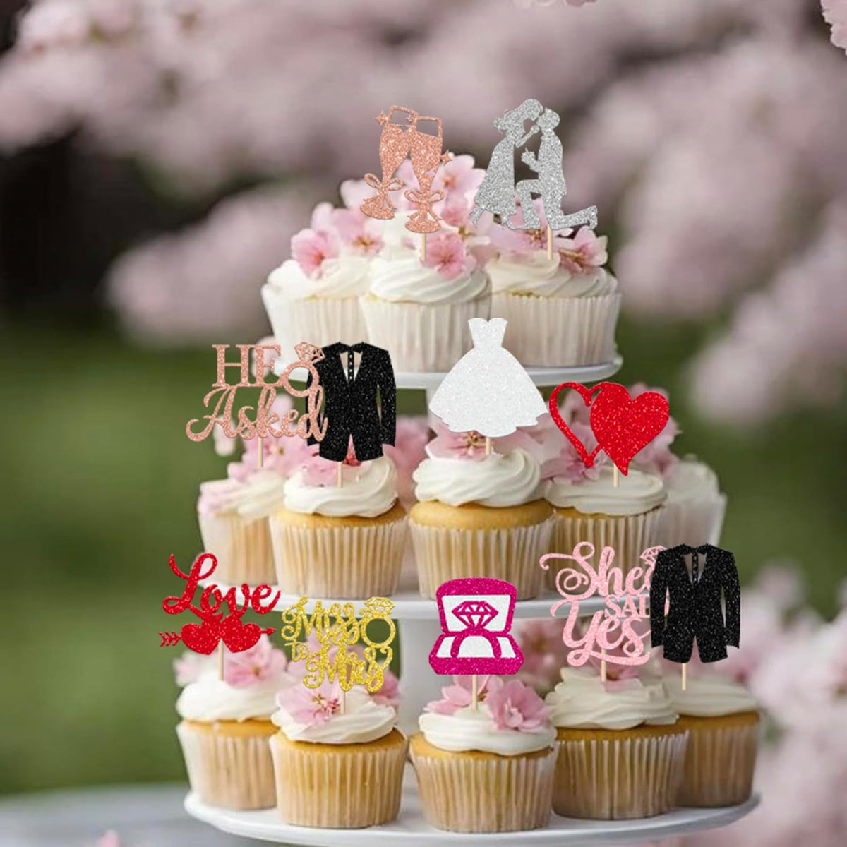 30 Pack Bride to be Cupcake Toppers Glitter Diamond Ring Love I Do Cupcake Picks Miss to Mrs He