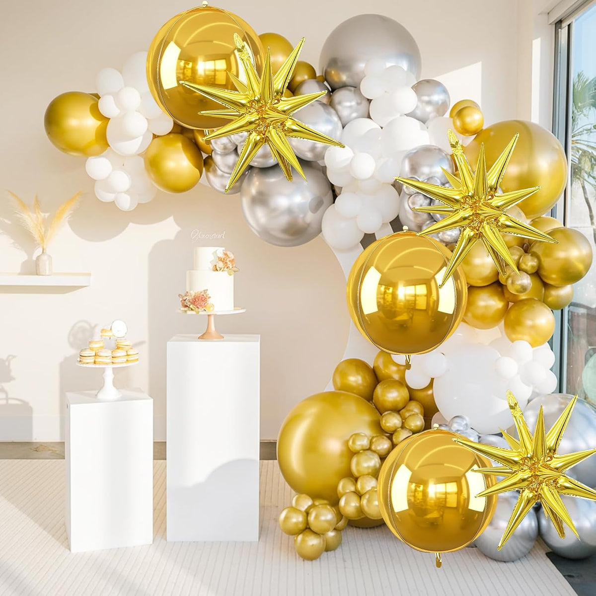 6Pcs Gold Foil Balloons,22Inch Gold 4D Round Ball Balloon and Explosion Star Balloon for Birthday