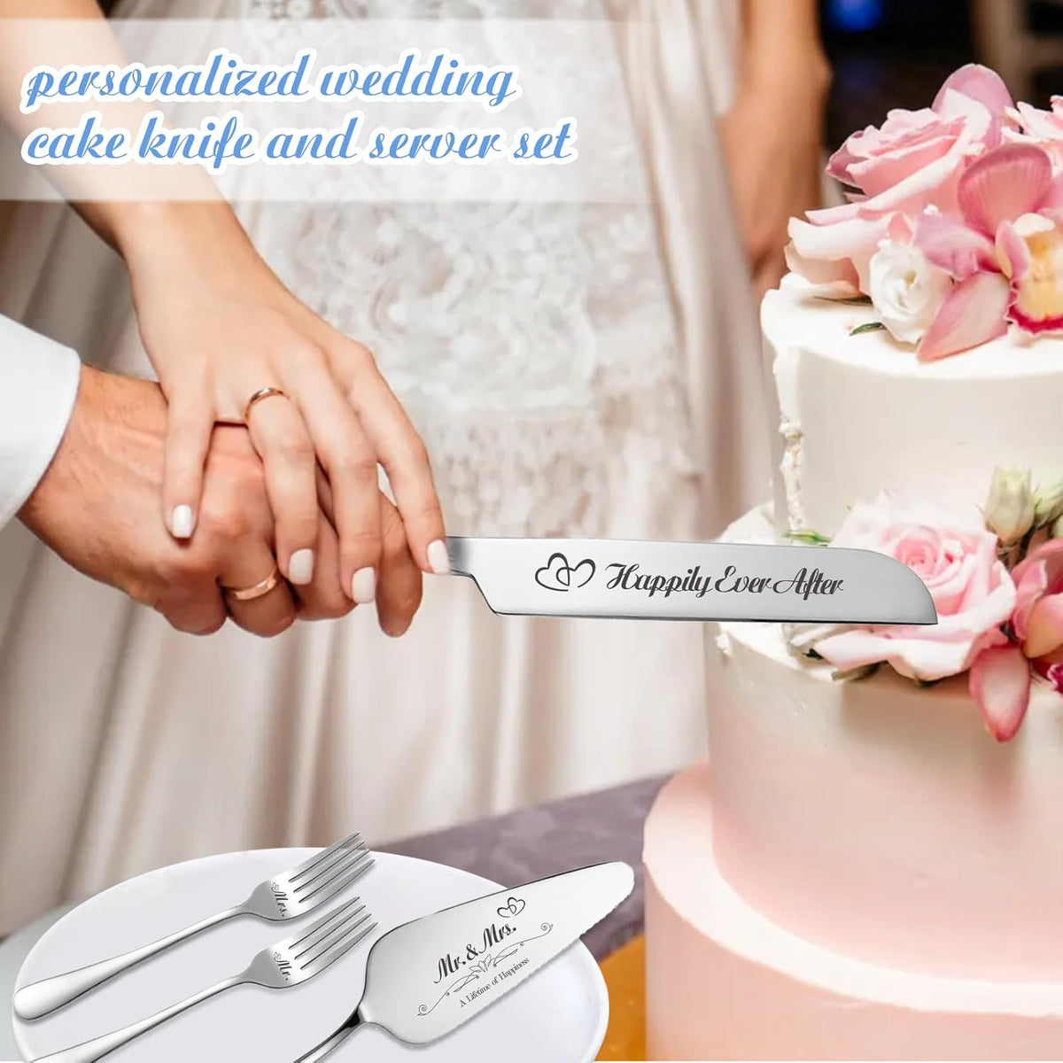 Personalized Wedding Cake Knife and Server Set, Engraved Cake Cutting Set with Stainless Steel