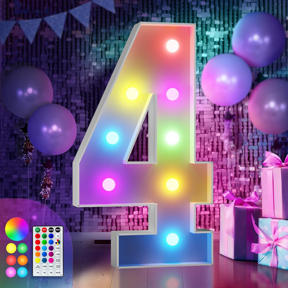 imprsv 3FT Colorful Marquee Numbers,18 Colors Number 4 with Remote, Light Up Numbers Sign for 24th