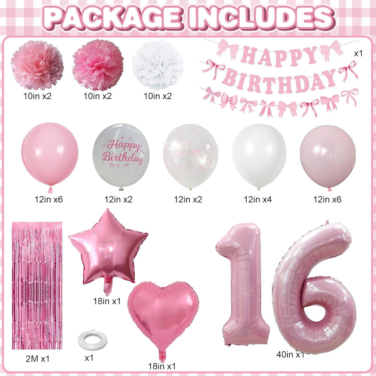 16th Birthday Decorations for Girls Pink Number 16 Balloon Bow Coquette Happy Birthday Banner