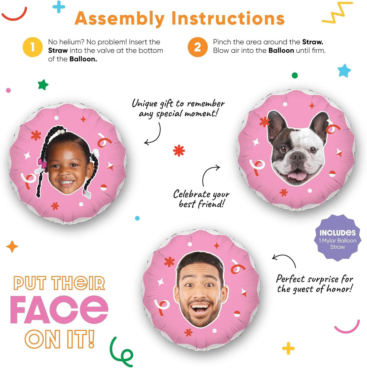 Big Dot of Happiness Personalized Fun Face Photo Pink Balloons, Custom Birthday Balloons, Girl Baby