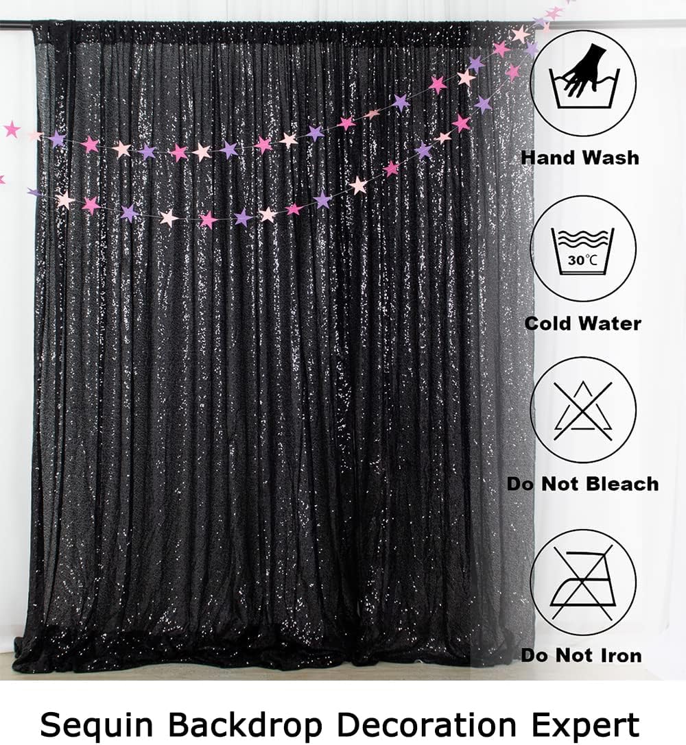 ShinyBeauty 2Pcs 5FTx10FT Black Sequin Backdrop Curtain | Glitter Wedding & Photography Background