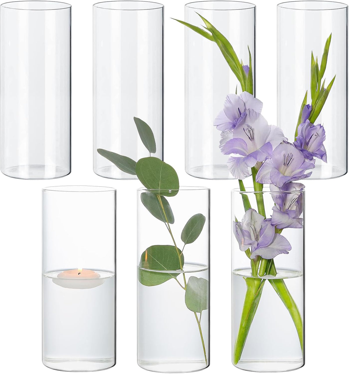7Pcs Glass Cylinder Vase for Centerpieces Clear Glass Flower Vases Bulk, Glass Hurricane Candle