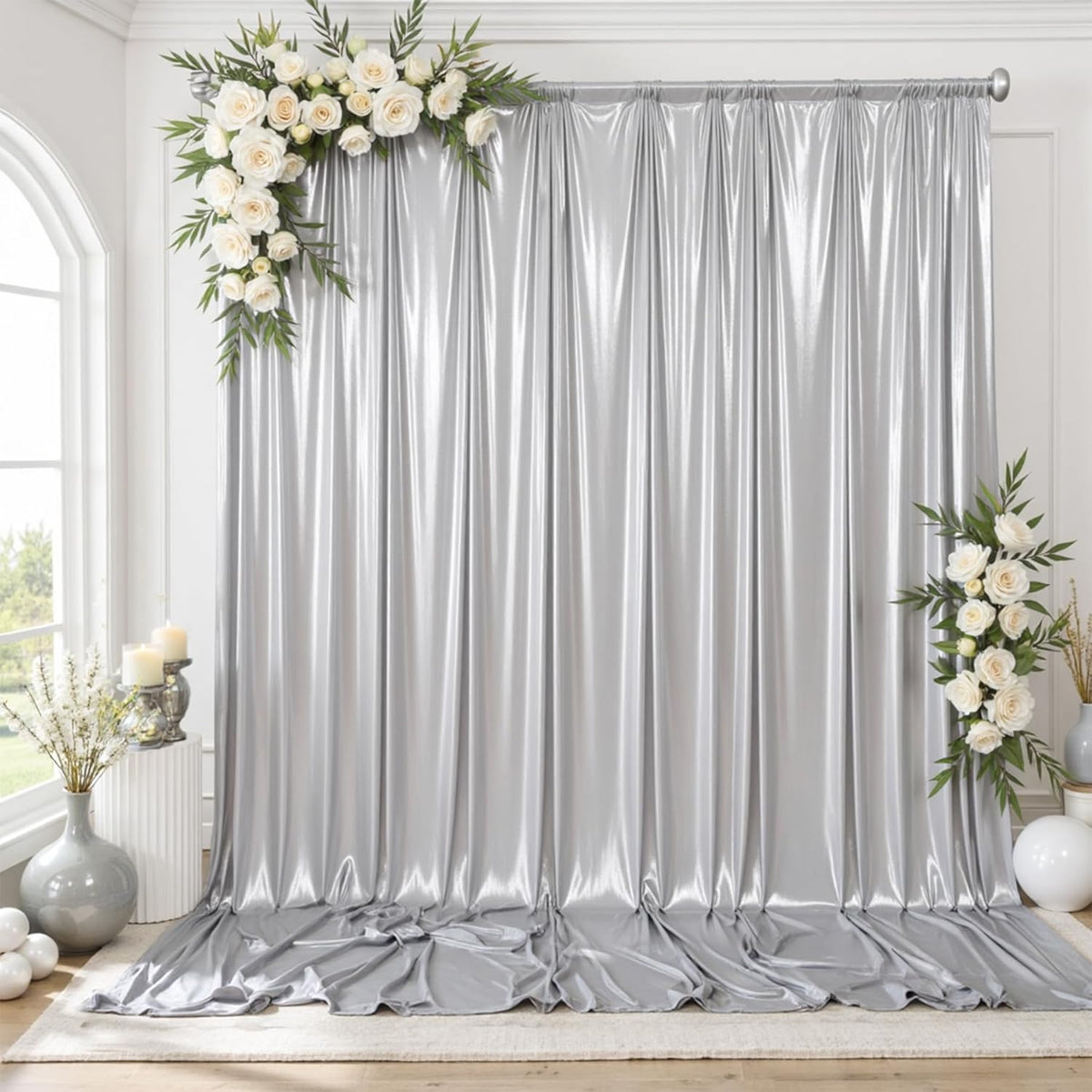 gogoparti 10x10FT Silver Sequin Backdrop Curtain - 2 Panels of 5x10FT Wrinkle-Free Glitter Drapes