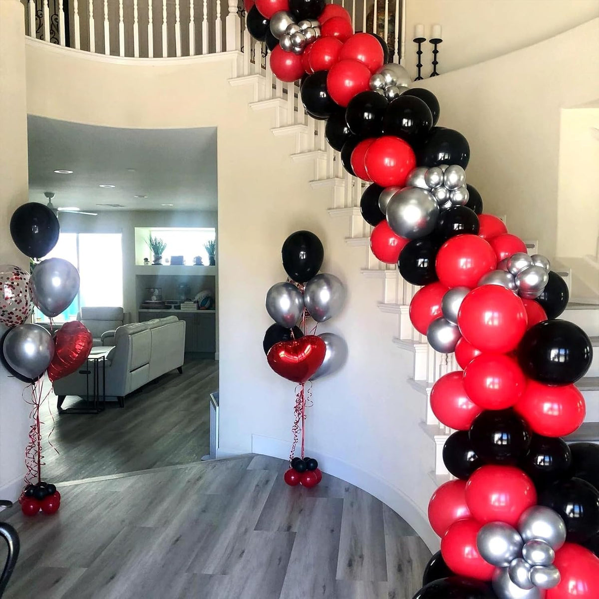 Black Red Balloons, 12 Inch Black Red White and Silver Latex Balloons with Confetti Balloon Party