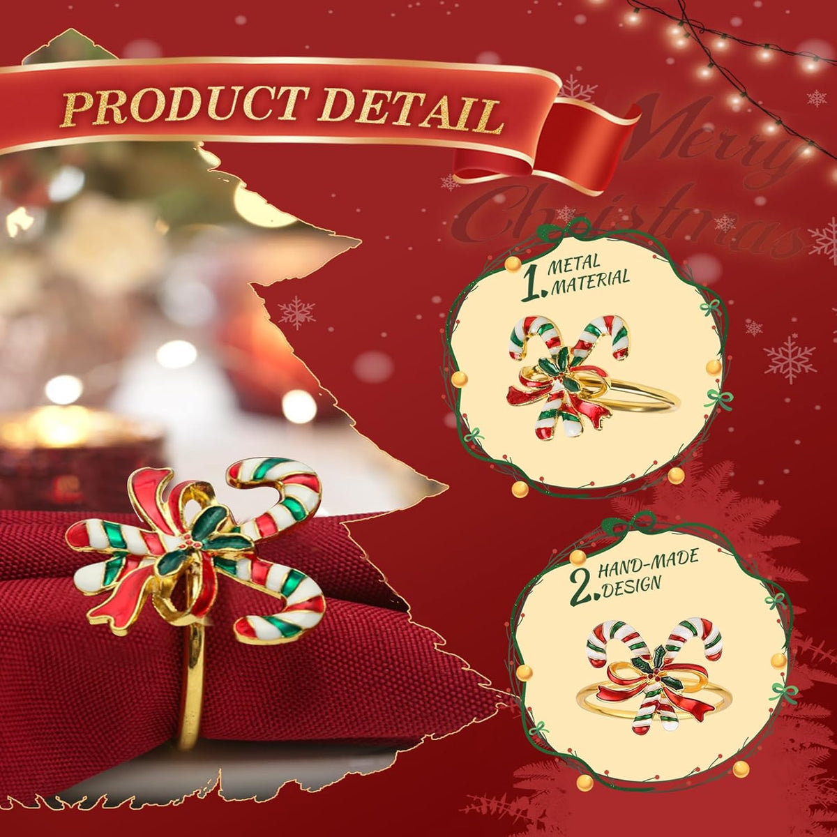 KPOSIYA 12PCS Christmas Napkin Rings Set of 6 and 6pcs Red Napkins Cloth, Metal Xmas Napkin Ring
