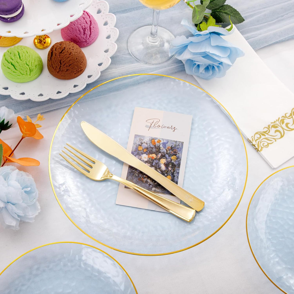 Rubtlamp 175 Pcs Plastic Dinnerware Set (25 Guests), Blue Disposable Plates With Gold Rim, Hammered