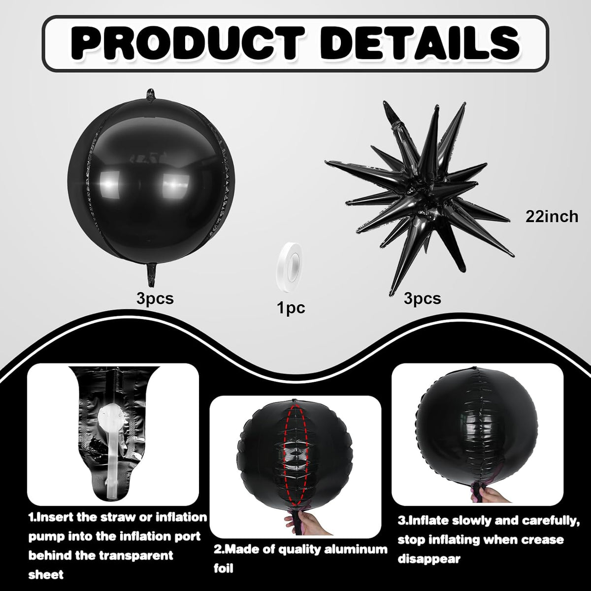 6Pcs Black Foil Balloons,22Inch Black 4D Round Ball Balloon and Explosion Star Balloon for Birthday