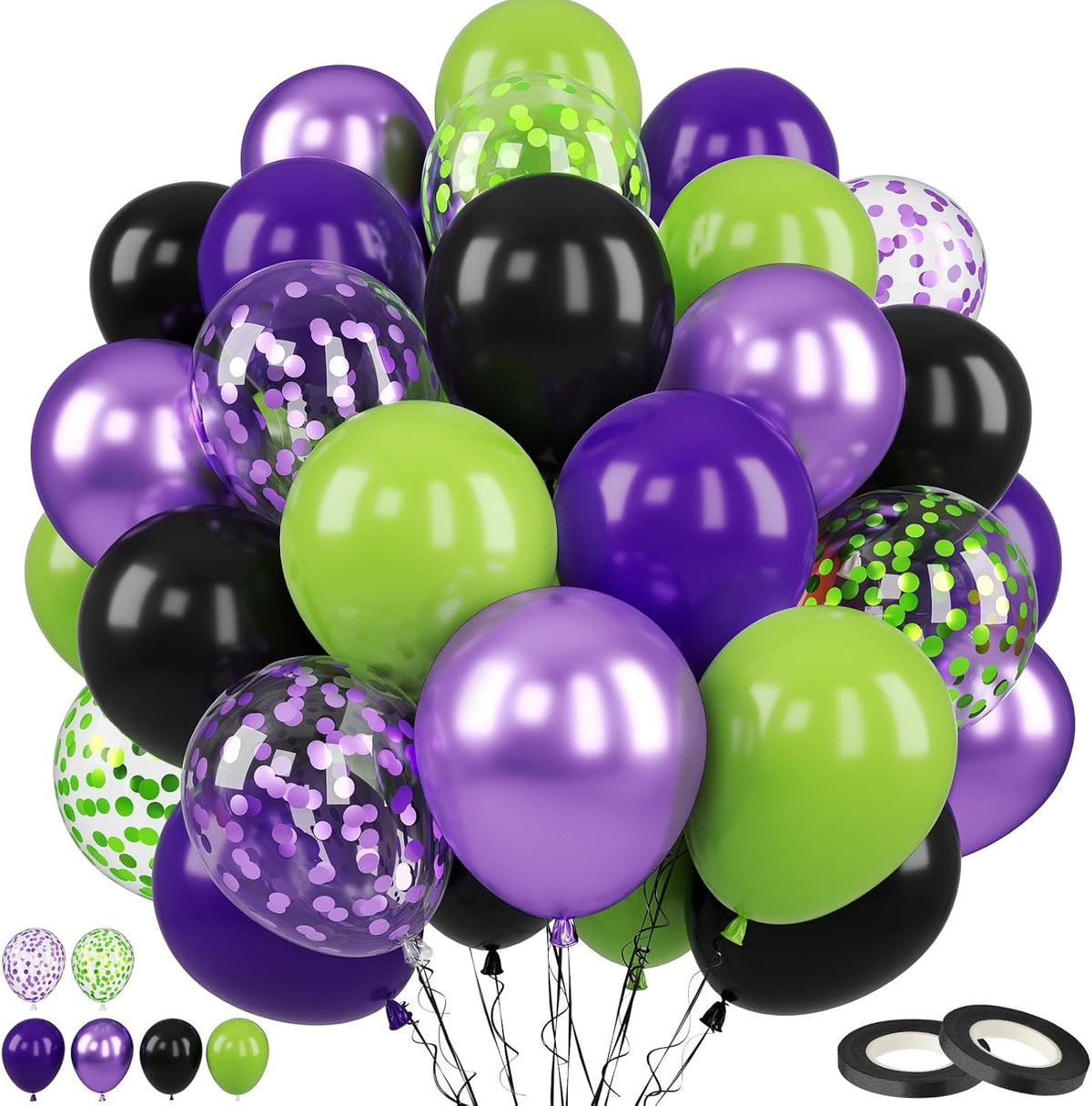 Purple Green Balloons, 12 Inch Halloween Balloons Set, Matte Black Fruit Green and Metallic Purple