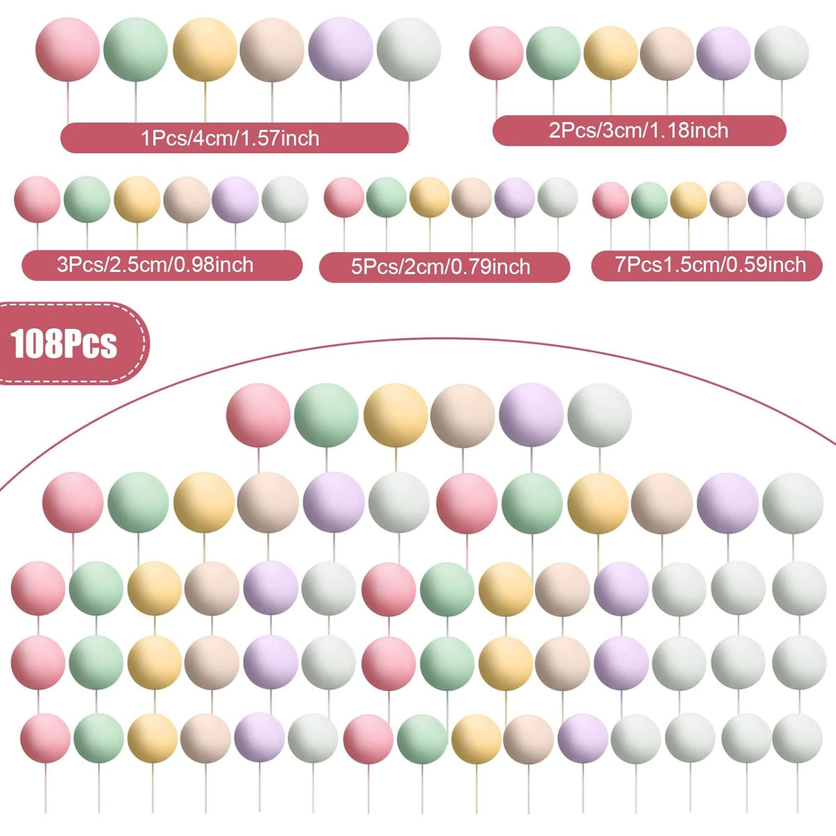 108 Pcs Balls Cake Topper DIY Cupcake Insert Foam Balloons for Cake Baking Wedding Anniversary