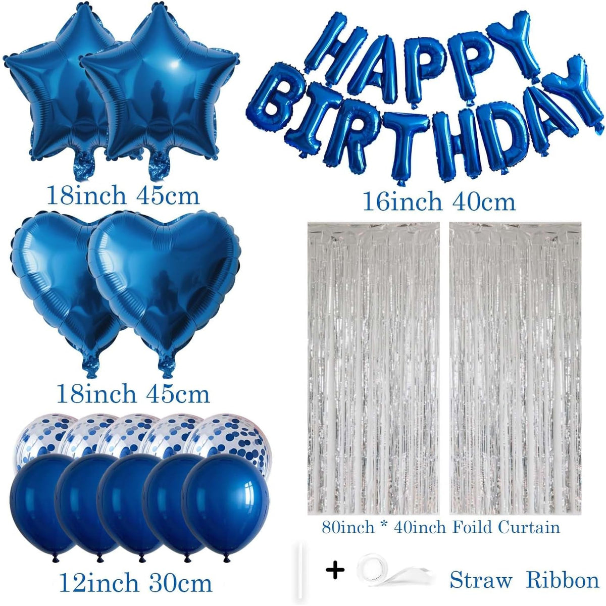 29 Pcs Blue Birthday Party Decorations - Happy Birthday Balloons Banner Blue, Heart & Star Foil