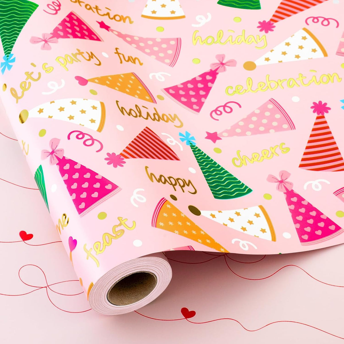 Yarcony Pink Birthday Wrapping Paper for Girl Women, Metallic Foil Girly Party Hat, Bow Design