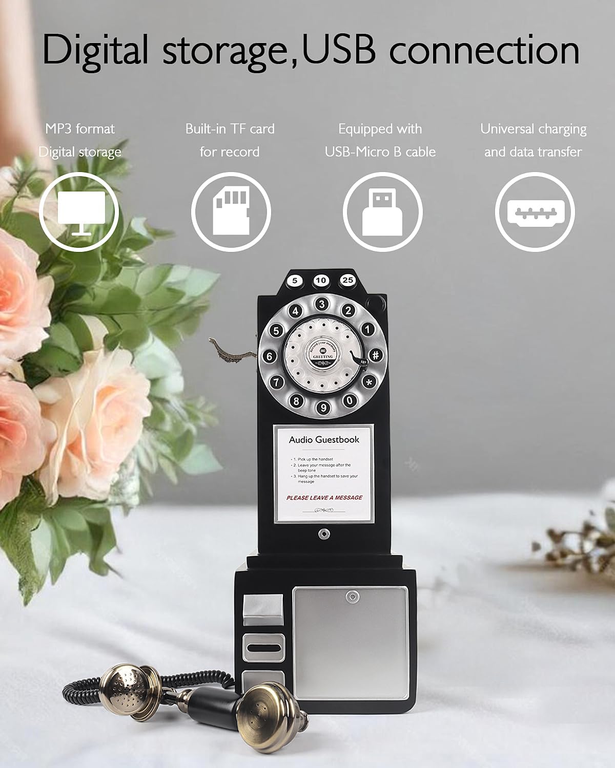 Audio Guest Book Wedding Phone with Vintage Design, Record Customized Audio Message Guest Book for