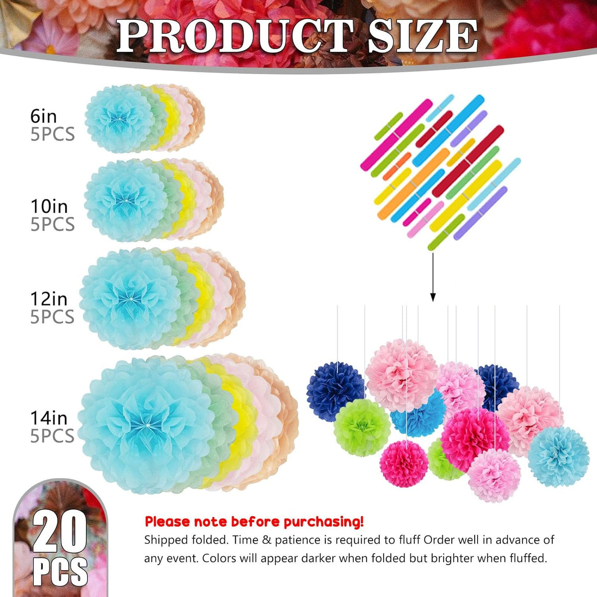 Tissue Paper Pom Poms, Light Colorful Tissue Paper Flowers, Hanging Flower Balls for Easter