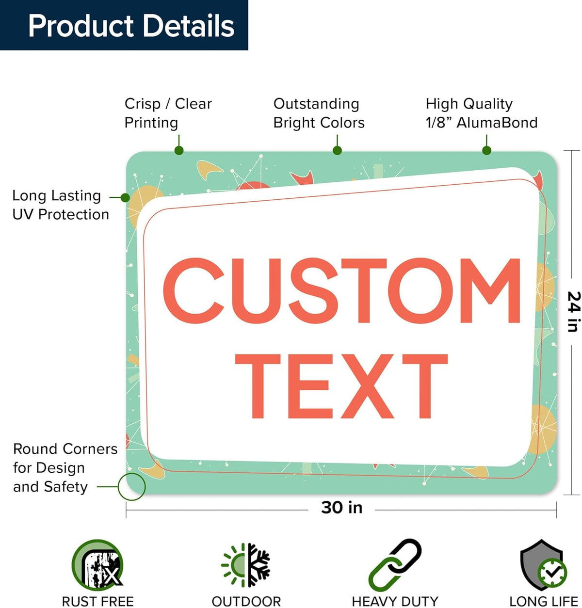 Custom Sign, Custom Street Sign, 11 Font Colors, 13 Font Styles, 4 Hole Options, 22 Sizes, 24x30
